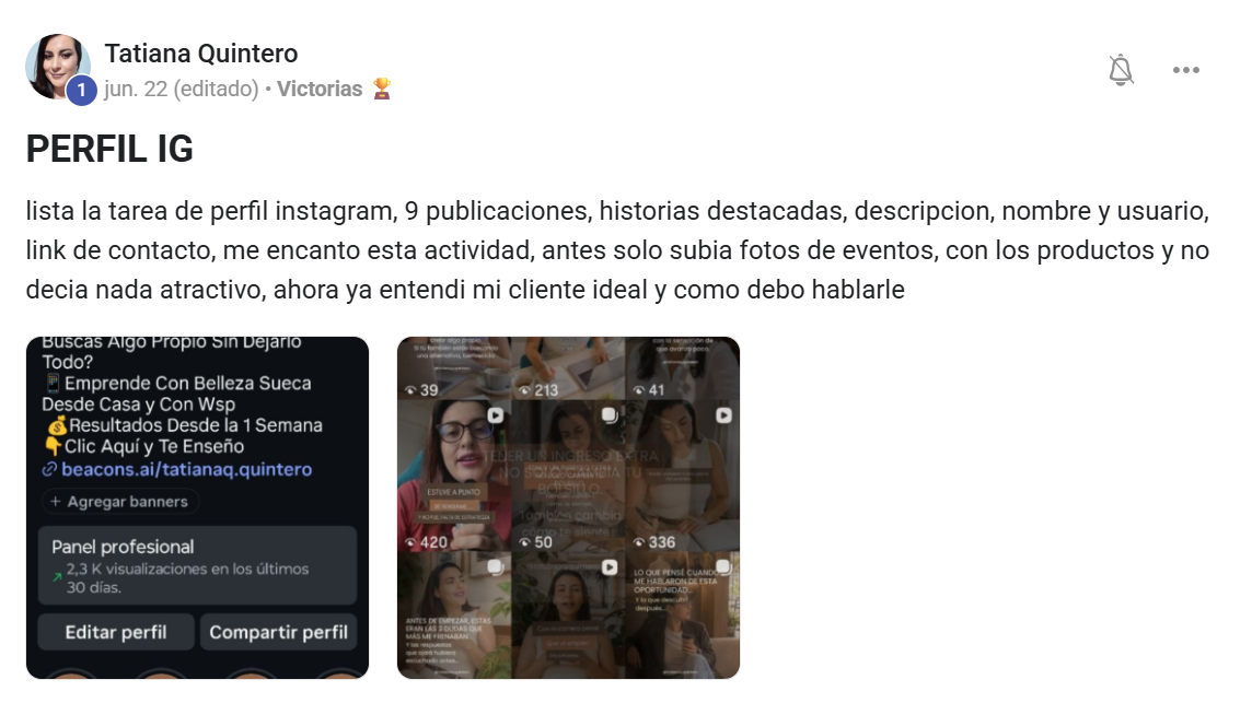 Perfil de Instagram de Tatiana Quintero después de la tarea